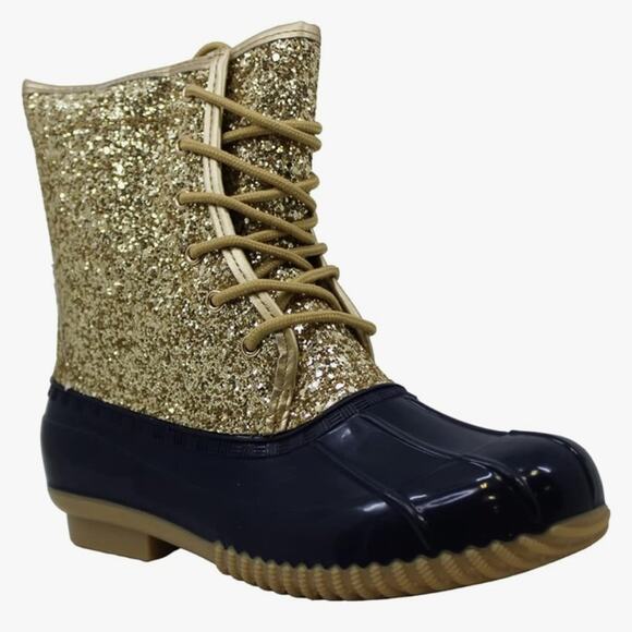 Sugar Gold Glitter and navy Duck Boots Size 7 - Picture 2 of 12